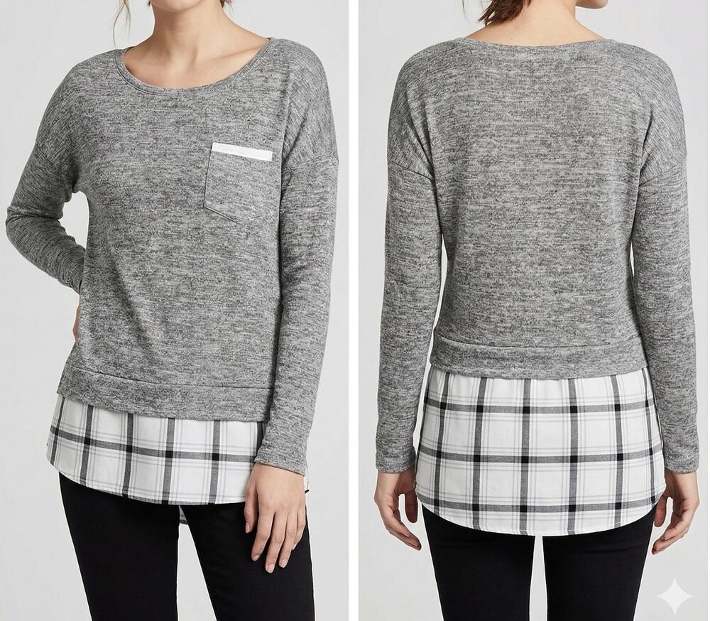 Style & Co. Petite PM Heather Gray Light Sweater with Plaid Blouse Hem